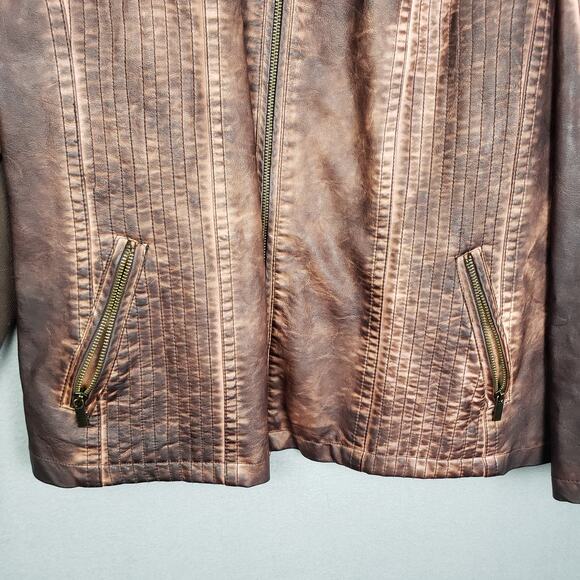 Maurices Size 4X Faux Leather Moto Jacket Brown Distressed Grunge Mad Max Rugged - Picture 3 of 15